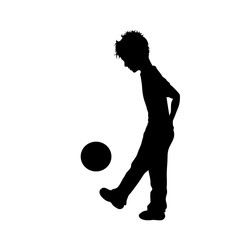 Vector silhouette of child who play football on white background. Symbol of boy, happy, enjoy, play, game, sport.