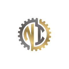 Initial letter N and I, NI, interlock cogwheel gear logo, black gold on white background