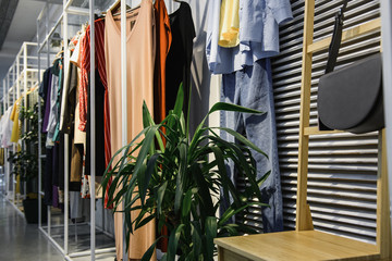 Fototapeta na wymiar Stylish clothing store. Hangers with women's clothing