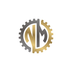 Initial letter N and M, NM, interlock cogwheel gear logo, black gold on white background
