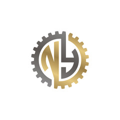 Initial letter N and Y, NY, interlock cogwheel gear logo, black gold on white background