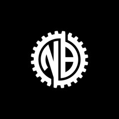 Initial letter N and B, NB, interlock cogwheel gear monogram logo, white color on black background