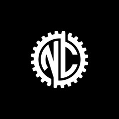 Initial letter N and C, NC, interlock cogwheel gear monogram logo, white color on black background
