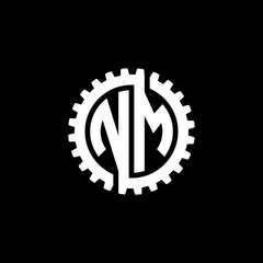 Initial letter N and M, NM, interlock cogwheel gear monogram logo, white color on black background