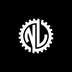 Initial letter N and L, NL, interlock cogwheel gear monogram logo, white color on black background