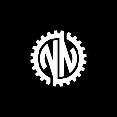 Initial letter N and N, NN, interlock cogwheel gear monogram logo, white color on black background