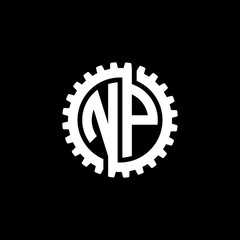 Initial letter N and P, NP, interlock cogwheel gear monogram logo, white color on black background