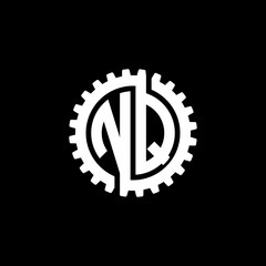 Initial letter N and Q, NQ, interlock cogwheel gear monogram logo, white color on black background