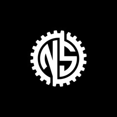Initial letter N and S, NS, interlock cogwheel gear monogram logo, white color on black background