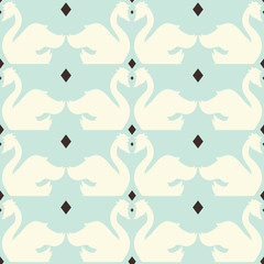 Vector Vintage Swans with Tiles seamless pattern background.
