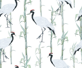 Seamless pattern with Chinese cranes and bamboo