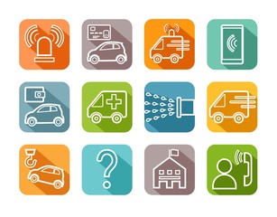 Emergency services, icons, color, flat, contour drawing, vector.  Emergency medical and fire assistance, reference services. White line pictures on a colored background with a shadow.