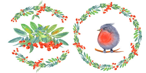 Obraz na płótnie Canvas Wreath with red branches rowan berrys and leaves, bird, floral elements on a white background. Hand painted in watercolor.