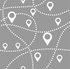 Map, routes, beacons, seamless pattern, monochrome, gray, vector. White beacons on a gray field. Thin dotted route.  