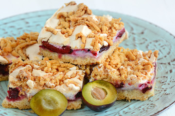 Plum cake. Homemade shortcrust pastry with purple plums.