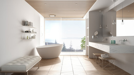 Luxury modern white bathroom with parquet floor and wooden celiling, big panoramic window on sea panorama, bathtub, shower and double sink, interior design, minimal architecture