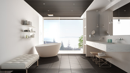 Fototapeta na wymiar Luxury modern white and gray bathroom with parquet floor and wooden celiling, big panoramic window on sea panorama, bathtub, shower and double sink, interior design, minimal architecture