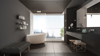 Luxury modern white and gray bathroom with parquet floor and wooden celiling, big panoramic window on sea panorama, bathtub, shower and double sink, interior design, minimal architecture