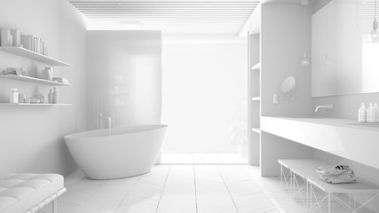 Obraz na płótnie Canvas luxury modern white bathroom with parquet floor and wooden celiling, big window, bathtub, shower and double sink, interior design concept idea