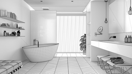 Unfinished project of luxury modern white bathroom with parquet floor and wooden celiling, big window, bathtub, shower and double sink, interior design concept idea