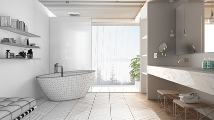 Architect interior designer concept: unfinished project that becomes real, luxury modern bathroom with parquet and wooden celiling, bathtub, shower and sink, architecture concept idea