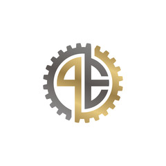 Initial letter P and E, PE, interlock cogwheel gear logo, black gold on white background