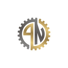 Initial letter P and N, PN, interlock cogwheel gear logo, black gold on white background