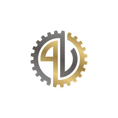 Initial letter P and U, P and V, PU, PV, interlock cogwheel gear logo, black gold on white background