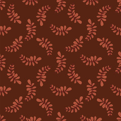 Branches with leaves seamless pattern on dark brown background.
