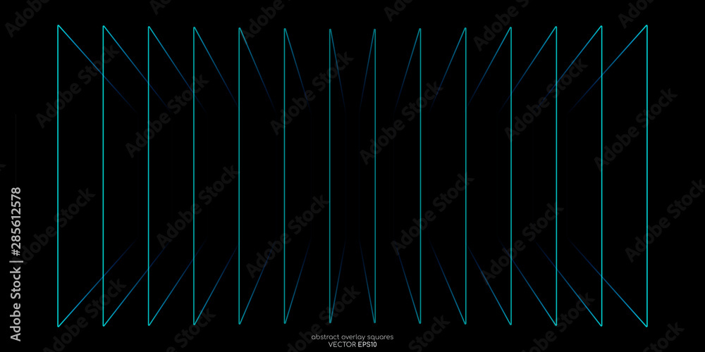 Poster abstract perspective rectangles line frame overlay pattern by green blue colors on black background.