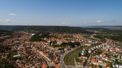 Fototapeta na wymiar Aerial footage of an old eastern Europe town on a sunny day