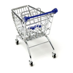 Blue shopping cart model on white background 