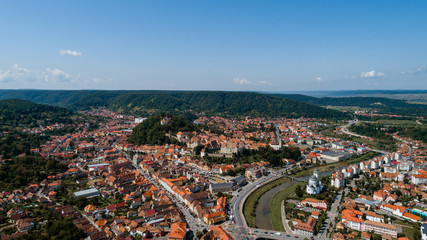 Aerial footage of an old eastern Europe   town on a sunny day