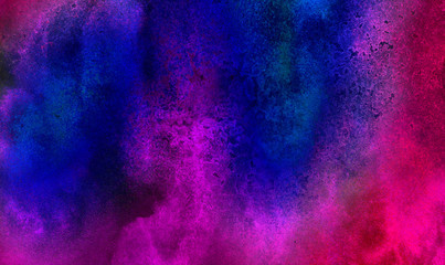 Neon watercolor on black paper background. Vivid ink textured blue, pink and purple color canvas for modern design. Aquarelle smeared abstract cosmic bright vintage dark watercolour illustration.