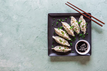 Asian dumplings with soy sauce and sesame seeds. Traditional chinese dim sum dumplings. Copy space.