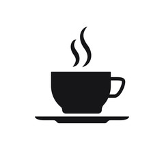 Cup of coffee or tea with steam, vector line icon black on white