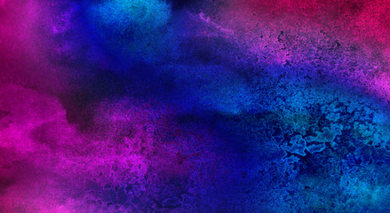 Neon watercolor on black paper background. Vivid ink textured blue, pink and purple color canvas for modern design. Aquarelle smeared abstract cosmic bright vintage dark watercolour illustration.