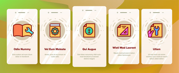 Technical Documentation Onboarding Mobile App Page Screen Vector. Collection Of Technical Documentation Linear Pictograms. Plan, Instruction, Blueprint And Manual Contour Illustrations