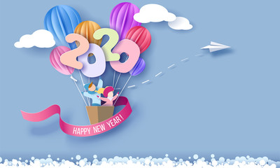 Obraz na płótnie Canvas 2020 New Year design card with kids flying