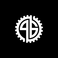 Initial letter P and G, PG, interlock cogwheel gear monogram logo, white color on black background