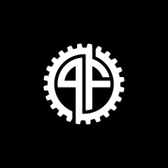 Initial letter P and F, PF, interlock cogwheel gear monogram logo, white color on black background