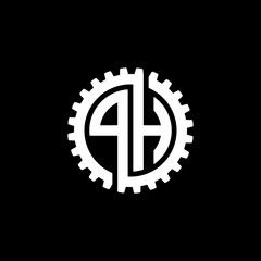 Initial letter P and H, PH, interlock cogwheel gear monogram logo, white color on black background