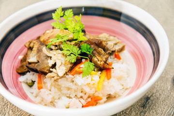 Asian style caramel pork with rice and vegetable