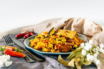 Prawn with rice - closeup of prawn with rice - traditionnal spanish food paella