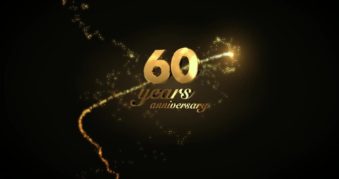 60 years anniversary motion graphic 4K footage with golden sparkling trail, particles and number. Background with alpha channel