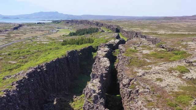 Beautiful aerial over the mid Atlantic Ridge at Thingvellir Iceland.