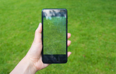 Hand holding green grass screen smartphone in park