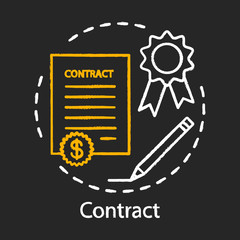 Contract chalk icon. Legal agreement. Formal arrangement. Signing document. Deal, paperwork. Get job. Employee hiring, recruiting. Isolated vector chalkboard illustration