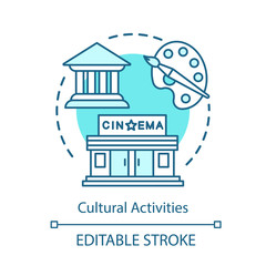 Fototapeta premium Cultural recreation concept icon. Leisure, pastime, entertainment idea thin line illustration. Visiting cinema, city sightseeing tour. Vector isolated outline drawing. Editable stroke