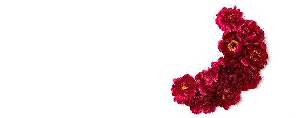 Greeting card mockup. Happy mothers day concept. Fresh pink peonies on white background top view, space for text.